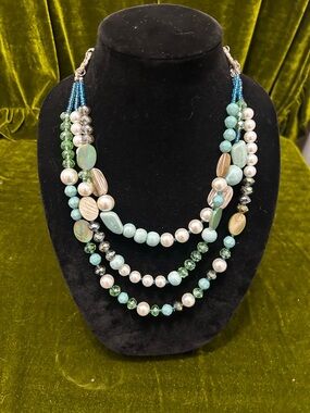 Vintage Multi-Strand Aqua & Pearl Beaded Necklace - Brand Unspecified